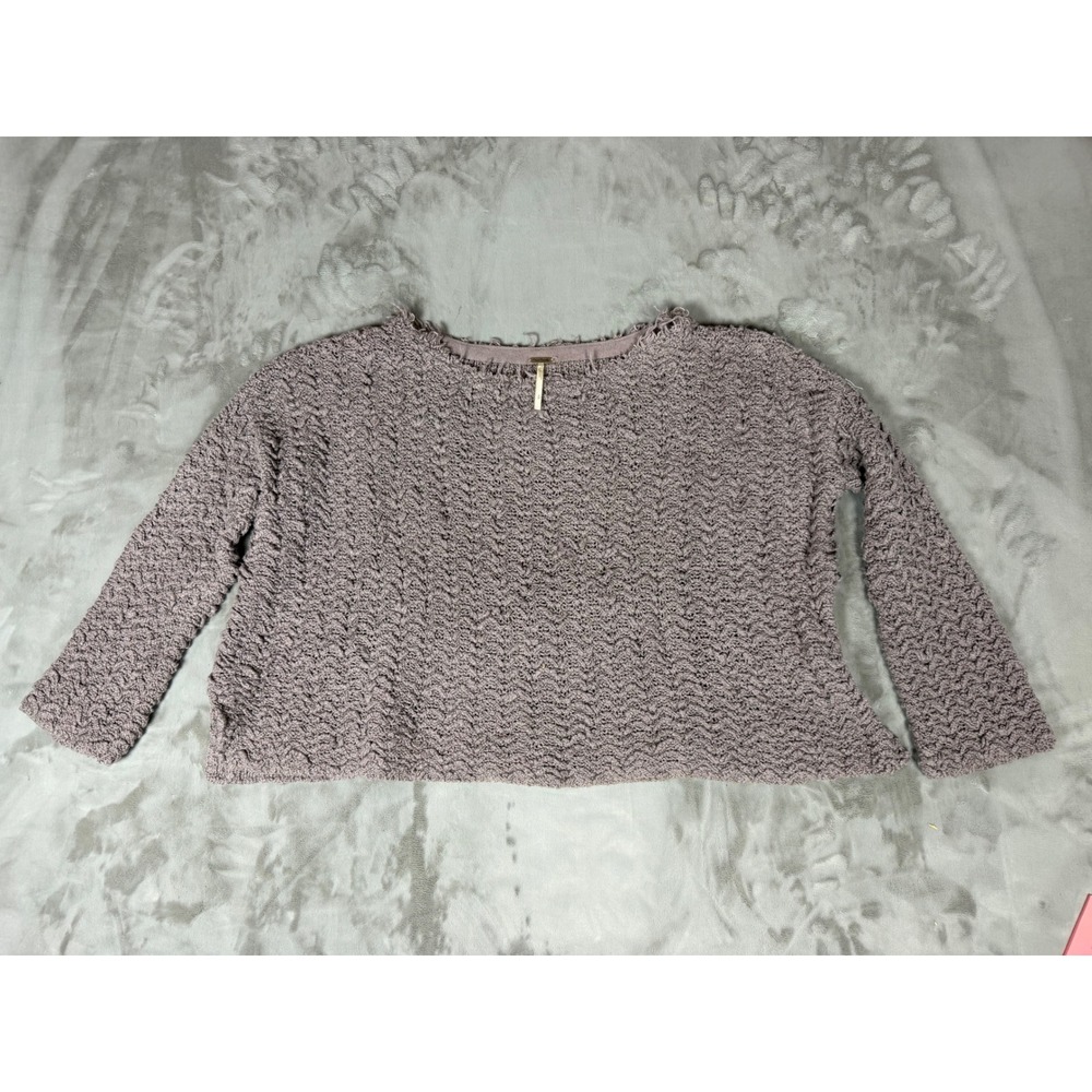 Free People Dusty Mauve Textured Chunky Knit Frayed Neck Pullover Sweater Small